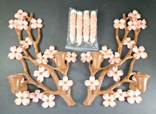 Vintage Syroco Wood Pink Dogwood Flowers Brown Branch Candle Holder Wall Art