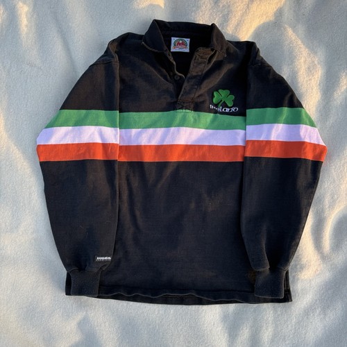 VTG Barbarian Rugby Wear Heavy Polo Shirt Black w/ Ireland Flag & Shamrock  XL