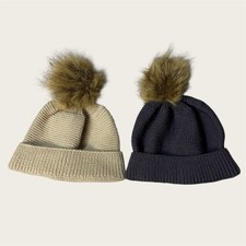 Gertex Twin Pom Pom Faux Fur Beanie Hat Lot 2 Toddler Little Kids Tan  Gray
