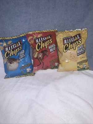 MSCHF Illegal Chips Assortment 3 Bags Horse Meat, Casu Marzu, Fugu Flavors.