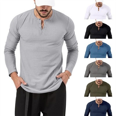 Herren Henley T-Shirt Langarmshirt Knopfleiste Freizeit Basic Pullover Tops DE