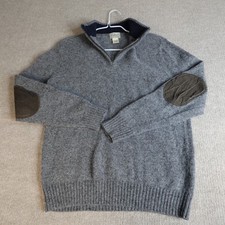 LL Bean Sweater Medium Gray Shetland Wool Ragg Elbow Patches 1/4 Zip