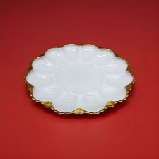 Vintage Fire King Anchor Hocking Milk Glass Deviled Egg Plate Gold Trim...