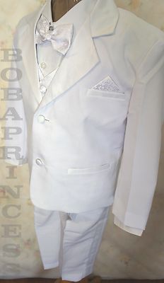 NWT BOYS' FORMAL 5 PCS WHITE TUXEDO SUIT SET PAISLEY Bow/Vest Sz XL/2T/3T/4T