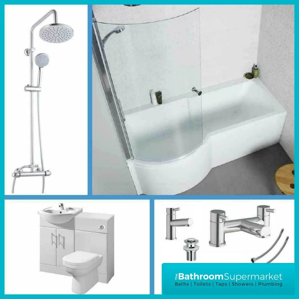 P Shaped Bathroom Suite 1700 Bath 550 Vanity Unit BTW Toilet WC Taps & Shower