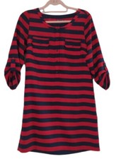 Gap  Blue & Red Striped Popover Shirt Dress Roll Tab Sleeves &Pockets Size S