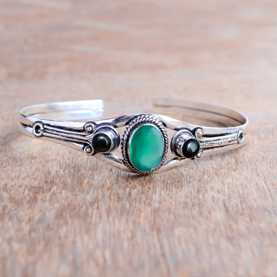 Браслет-манжета из стерлингового серебра 925 пробы с зеленым ониксом и черным ониксом для ее подарка - Изображение 4 из 4