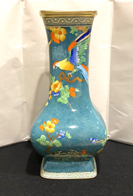 VTG LOSOL WARE ''ANDES'' KEELING & CO BURSLEM VASE - TEAL WITH PARROT/MACAW