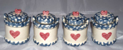Spongeware Blue/Pink Hearts Spice Jars Set of 4 Vintage