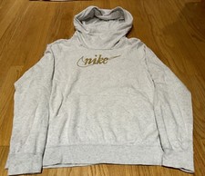 Nike Gray w/ Gold Glitter Swoosh Funnel-Neck Fleece Hoodie Women s M Sweatshirt