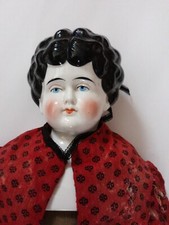 Antique German china Head Cloth Body Doll Hertwig Kister 22" Black Hair
