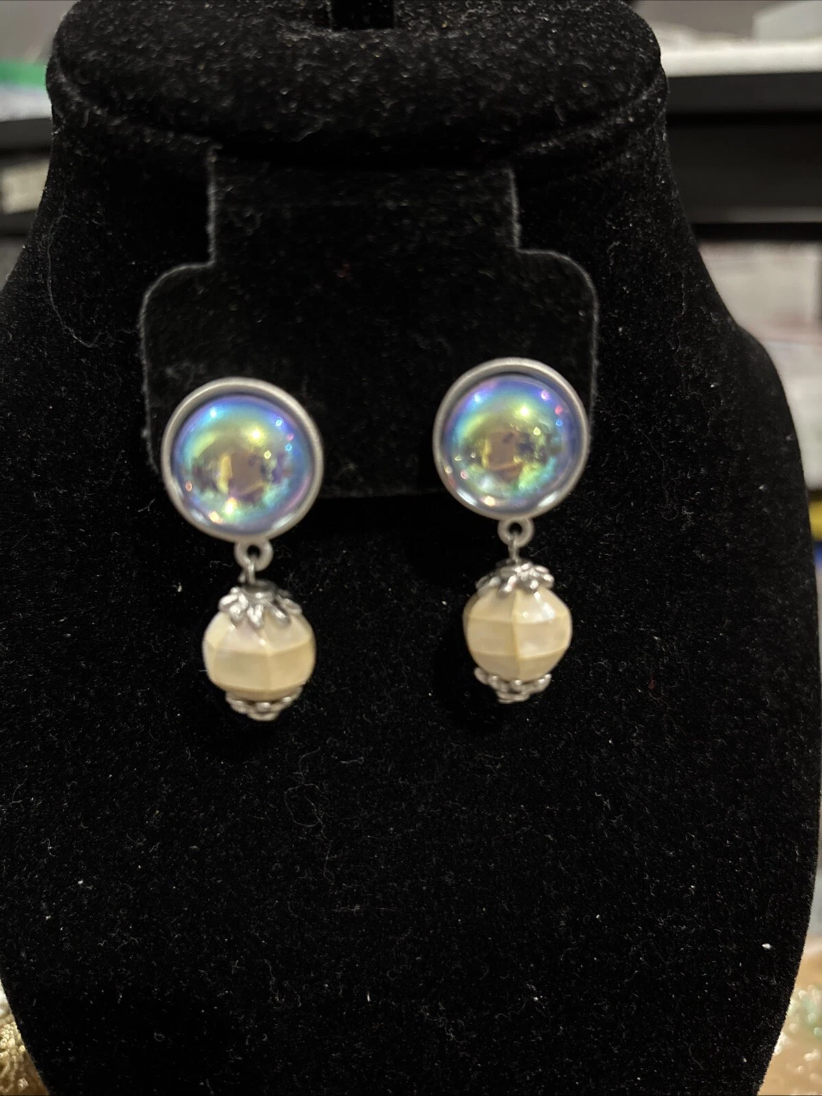 Vintage Signed 1970 80's Givenchy Large Faux Stone Glow Silver Drop Earrings