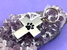 Cross Paw Print Keyring Urn .5" Key Chain Pet Cremation Pendant Dog Cat Ash Gift