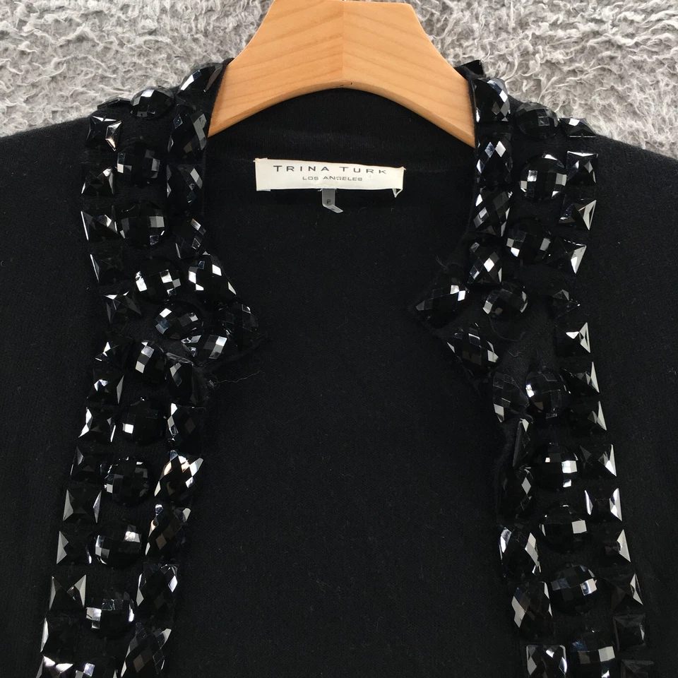 Trina Turk Open Cardigan Sweater Womens P Black Beaded Cropped Short Sleeve - Image 3 of 4