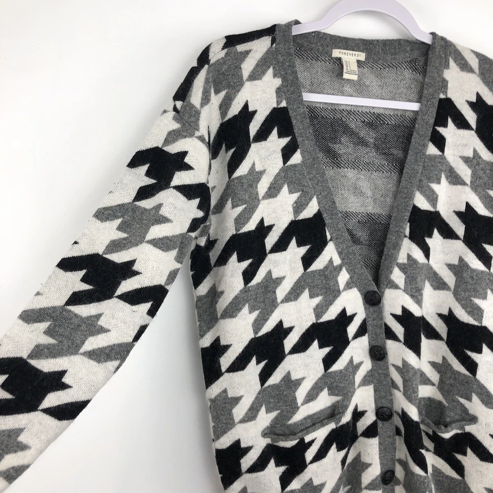 Cárdigan Forever 21 Angora Rabbit Lana Botón Frontal Pata de Gallo Marfil Pequeño AF4 Foto 3 de 4