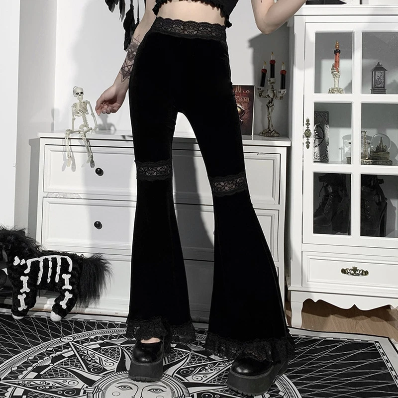 Women Velvet Flared Pants Trousers Bell-bottoms Lace Splice Retro