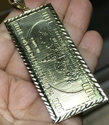 10K Solid Gold $100 Hundred Dollar Bill Pendant – Hip Hop Style – 3.30 Inches – Made In Italy – Unisex Bling