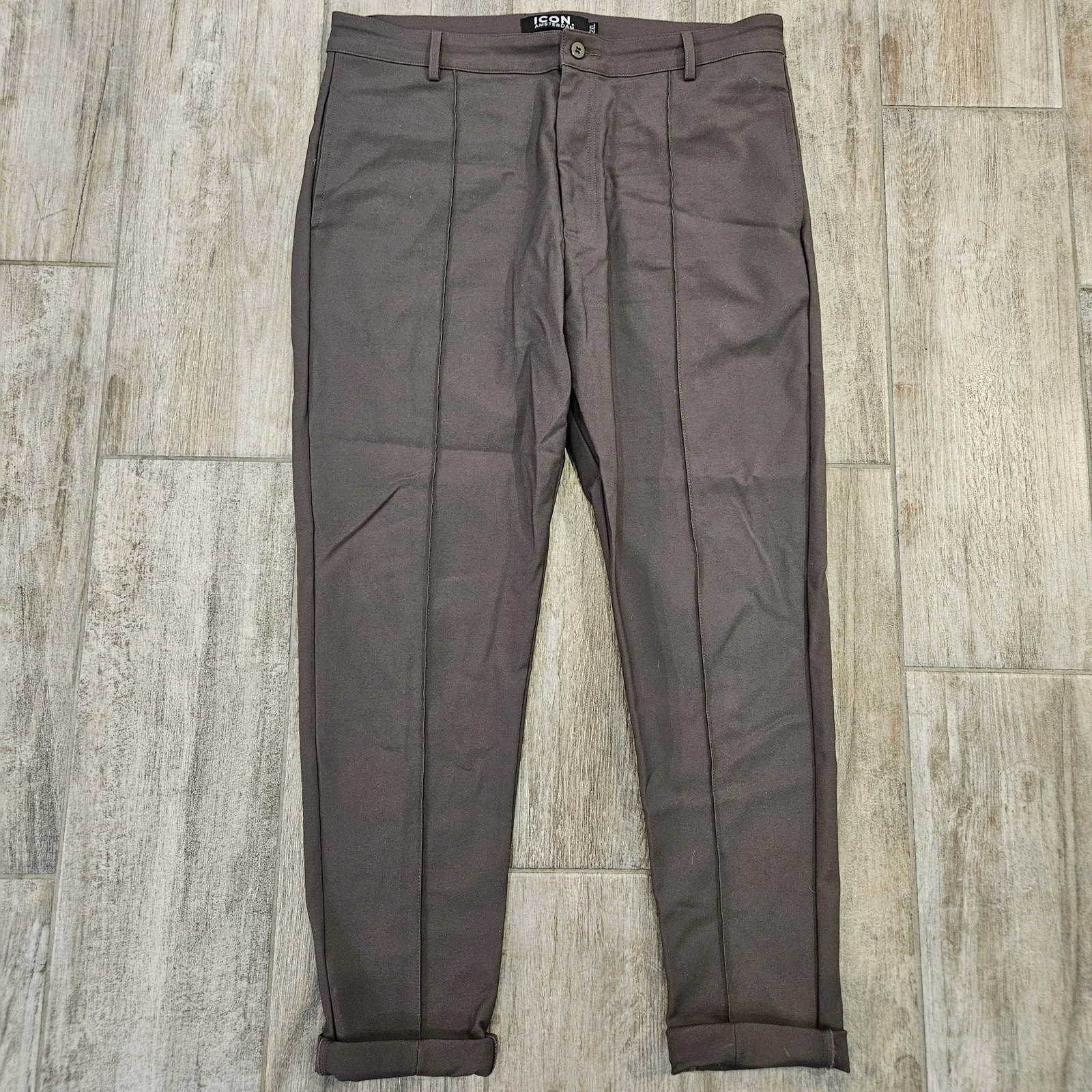 Pantalones cónicos plisados Icon Amsterdam para hombre 2XL marrón gris ajustados pantalones a medida