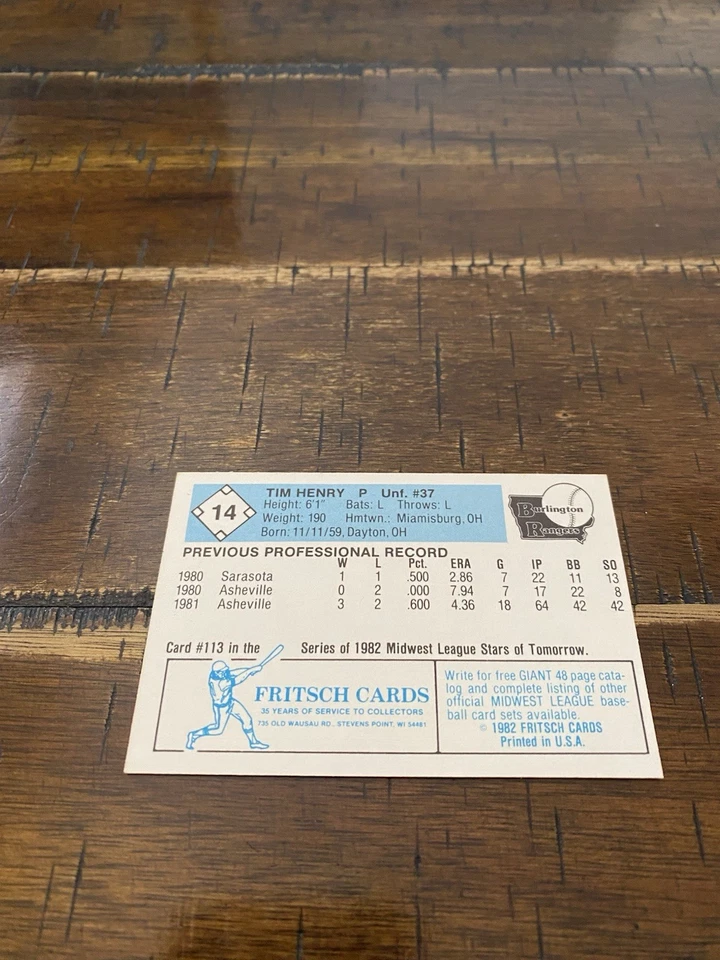 Tim Henry 1982 Fritsch Cards Burlington Rangers #14 - Image 2 of 2