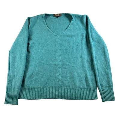 Loro Piana Baby Cashmere V-Neck Sweater Teal Green Cable Knit Italy Size 46