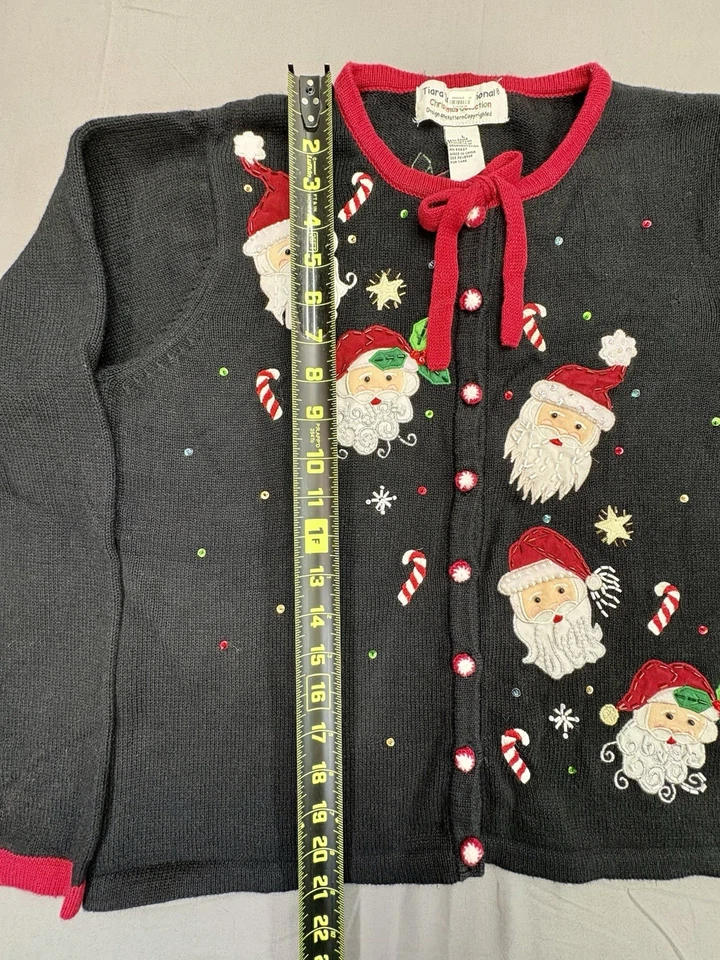 Cárdigan Suéter Tiara International Años 90 Papá Noel Bordado L Negro Detalle Cuentas Foto 4 de 4