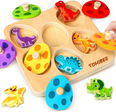 Easter Wooden Puzzles for Toddlers 1-3, Dinosaur Egg Sorting & Matching Peg Puzz