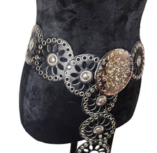 Women's Western Black Vegan Leather Disc Belt Silver Buckle Size M/ L Y2K VTG