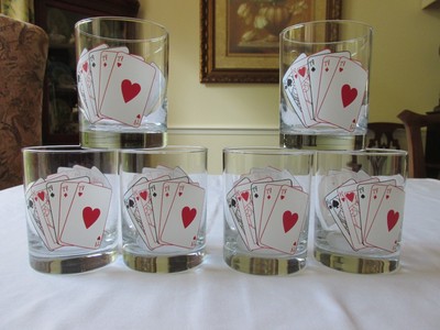 (6) Poker Playing Cards ''Ace-King Full House'' Double Old Fashioned Rocks Glasses