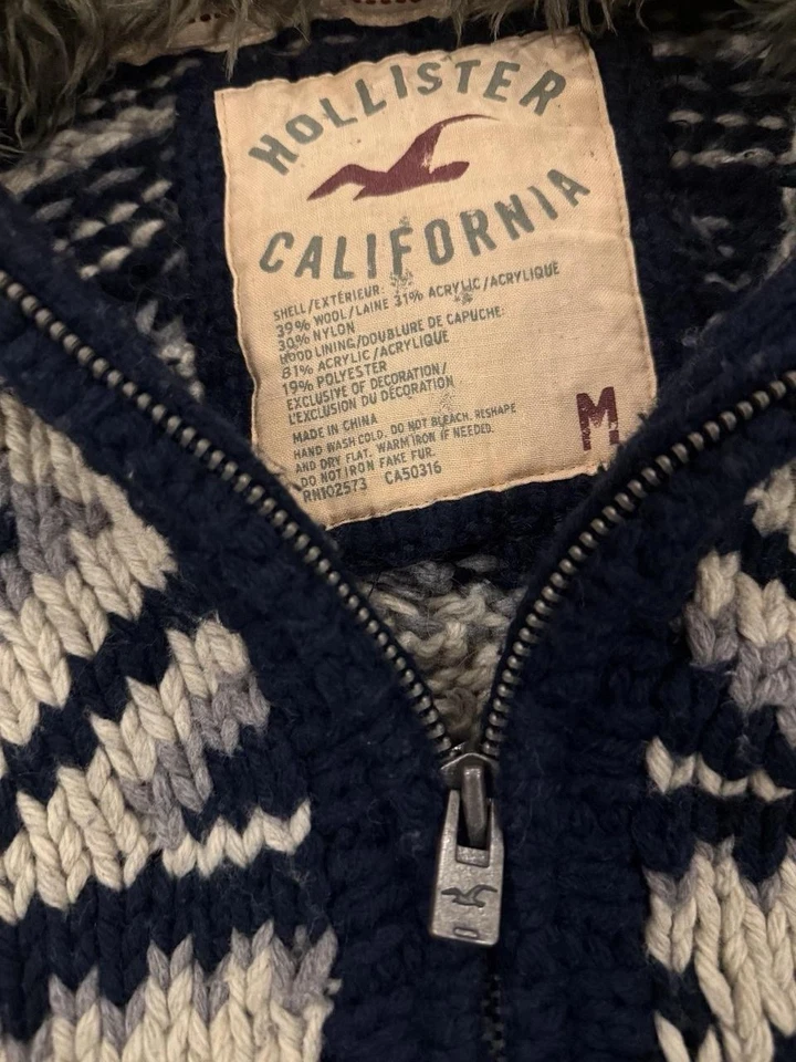 RARO Hollister Para hombres M Tejido Cremallera Sudadera con Capucha Suéter Forrado Sherpa Nordic Fair Isle Foto 3 de 4