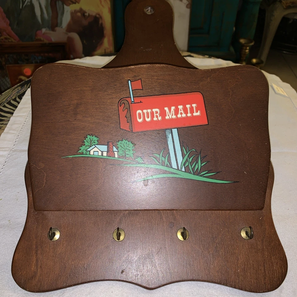 Vintage Wooden Wall Hanging Our Mail Holder And Key Hooks 12.75” x 9.5” MCM - Image 3 of 4
