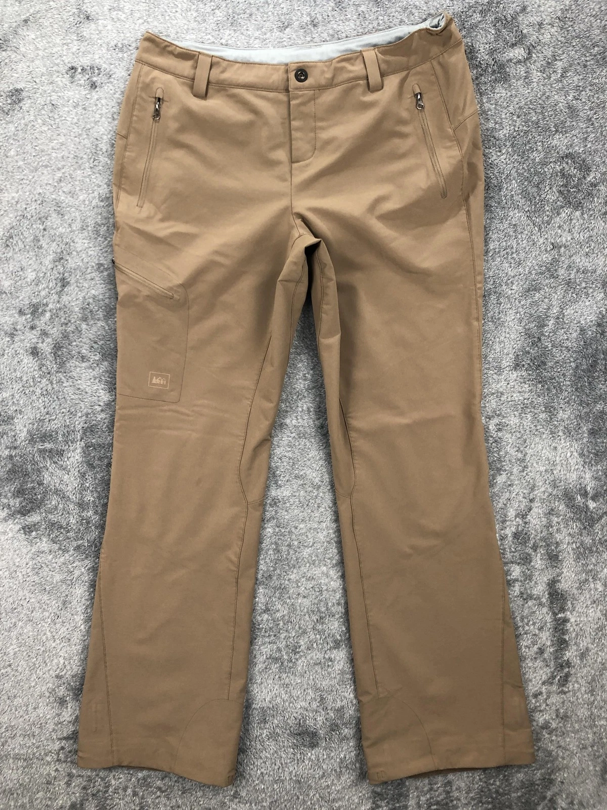 REI Pants Womens 12 Brown Stretch Rain Hiking Zip Pockets Drawcord Outdoor Fit