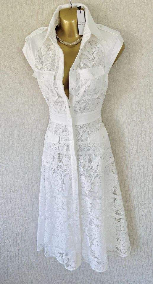 Exquisite Karen Millen New X Lydia White Lace Military Midi Dress UK16 Stunning - Image 2 of 4