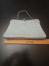 Antique Sparkly Silver Clutch Evening Purse With Small Wrist Chain Plum Lining