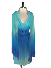 ALEX EVENINGS Sz 14 A-Line Dress Turquoise Blue Sleeveless Beads Sparkles Scarf