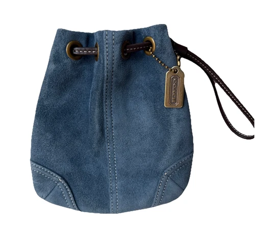 Coach Scamosciato Soho Coulisse Cinch Portamonete Braccialetto Custodia Blu Vintage # 7128