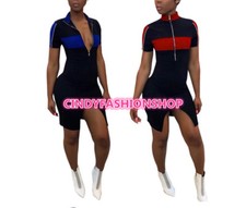 New Women Sexy Zip Front V-Neck Side Slit Casual Body con Club Mini Dress #S1