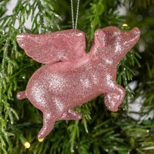 Sparkly Pink Glitter Flying Pig Christmas Ornament NEW