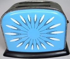 Vtg Tin Metal Toy Toaster Kitchen Appliance Atomic Starburst Design Sky Blue 60s