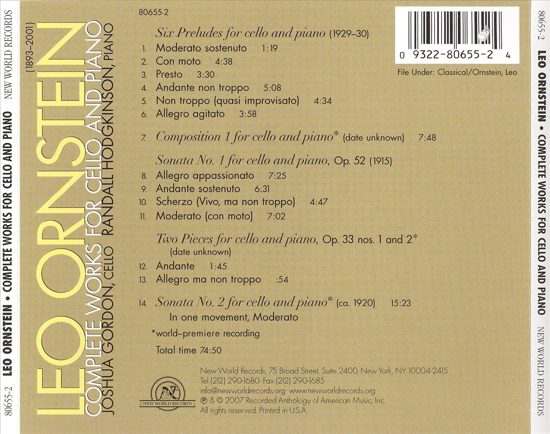 Joshua Gordon Complete Cello & Piano Works CD 2007