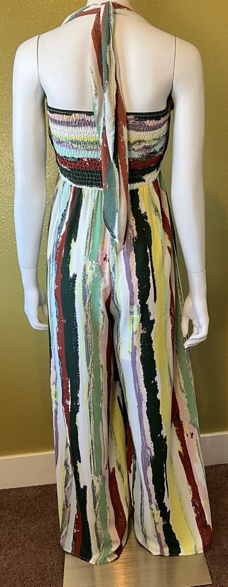 Aakaa Wide Leg Jumpsuit Smocked Strapless Tie Front Halter Boho