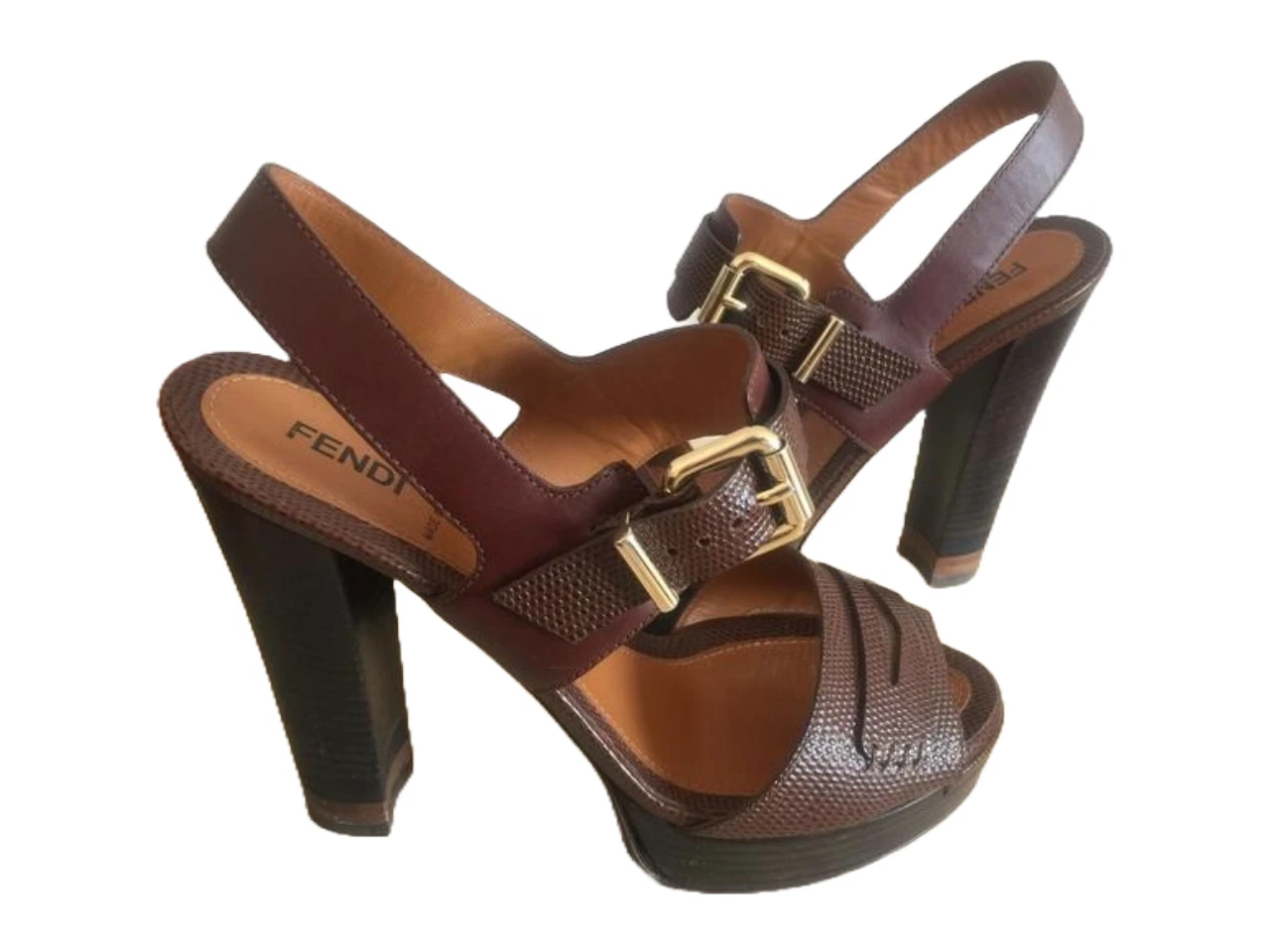 FENDI Sandali donna marroni con tacco e plateau lucertola 37 5 US 7
