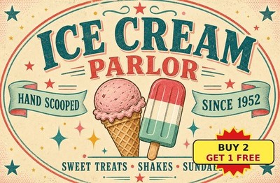 Old Fashioned Ice Cream Tin Sign Retro Dessert Shop Cafe Metal Plaque 8x12