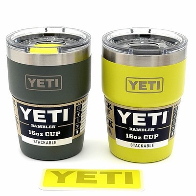 YETI Camp Green  & Firefly Yellow Set of 2 + Sticker Rambler 16 oz Stackable Cup