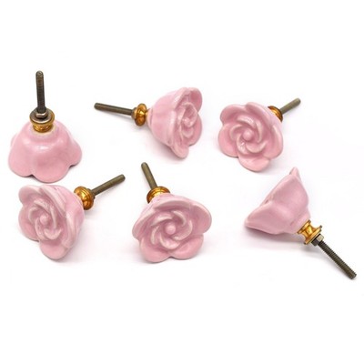 Pink Floral Ceramic Cabinet Knob With Brass Hardware