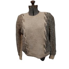 Vtg Gaeltarra Irish Handknit Wool Cable Fishman Cream Grey Sweater Womens S/M