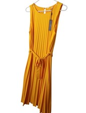 T Tahari Mustard Yellow Pleated Midi Dress Size M Belted