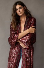 Free People Red Sequin Embroidered Light Is Coming Duster Kimono Size MEDIUM NEW