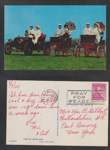 Postcard Cars of Yester-Year with Slogan Cancel Pray for Peace Circa 1964 - Afbeelding 1 van 4