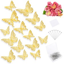 136PCS Flower Bouquet Accessories Bouquet Diamond Pins 3D Gold Butterfly Decor