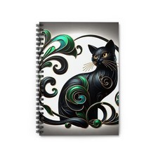 Spiral Notebook Ruled Line 3D Art Nouveau Black Cat Green Style Design 1, Gift